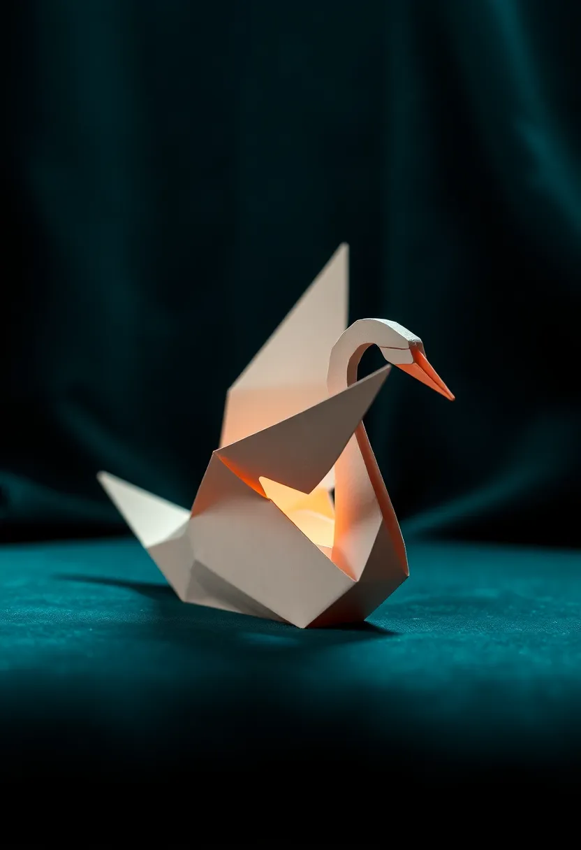 Elegantly Folded Origami Swan on Velvet Backdrop An elegantly folded origami swan is showcased against a rich, dark velvet backdrop, lit dramatically with butterfly lighting that accentuates its delicate curves. The selective focus draws attention to the swan, enhanced by a cinematic teal and orange color grading that provides a striking contrast. The luxurious texture of the velvet complements the smooth surface of the origami, creating a visually compelling and sophisticated image.