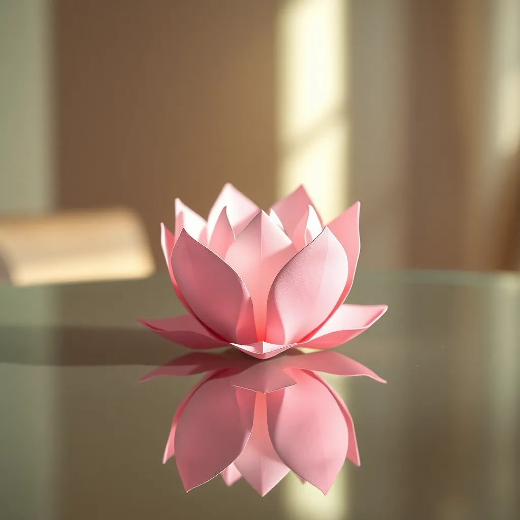 This striking image features an intricately folded origami lotus flower on a reflective glass surface, captured in exquisite detail. Soft studio lighting highlights the delicate folds of the paper, while a pastel pink and white color palette enhances the serene atmosphere. The shallow depth of field focuses on the lotus, allowing a smooth blur in the background. With its centered symmetrical composition, the image conveys a sense of harmony and grace.