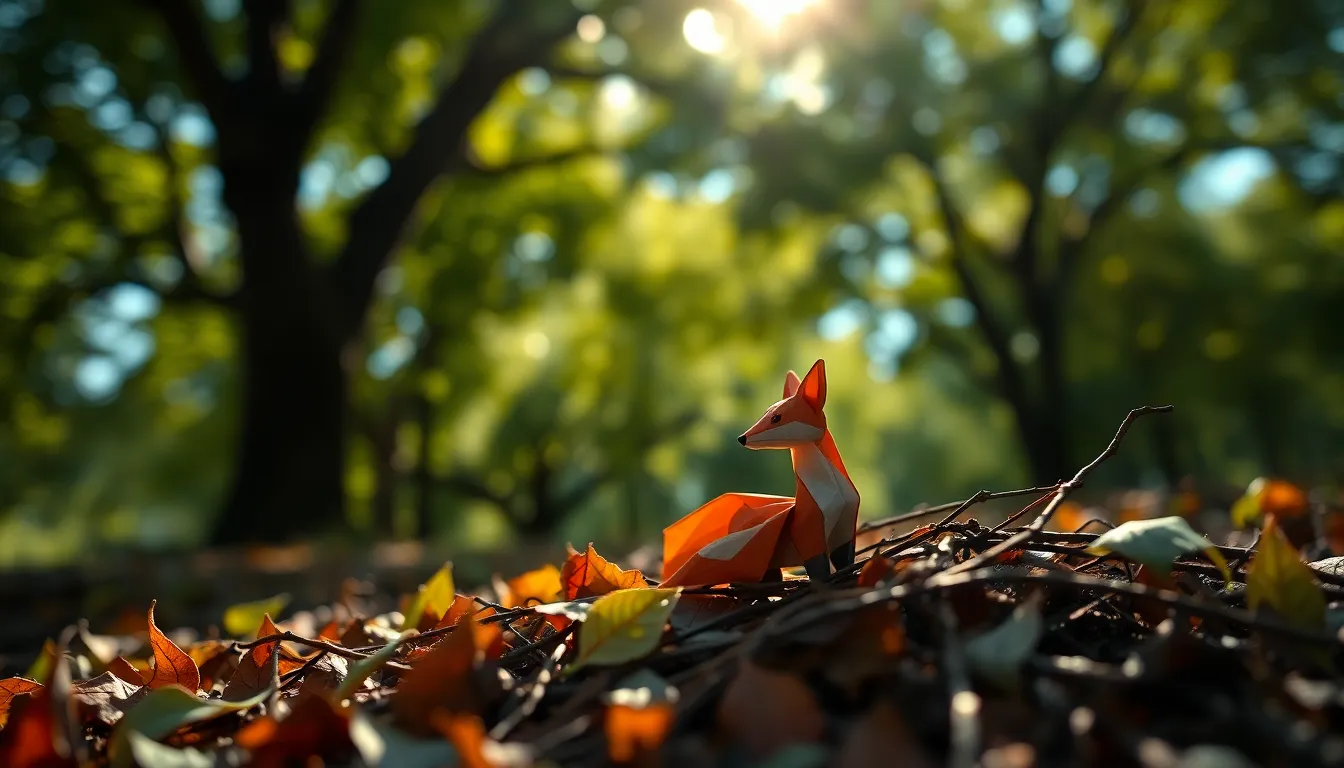 An origami fox elegantly rests among a bed of fallen leaves and twigs, creating a harmonious blend with its natural surroundings. The dappled sunlight streaming through the tree canopy casts beautiful highlights and shadows, enhancing the vibrant colors of the scene. The image's shallow depth of field draws attention to the delicate folds of the fox while allowing the background to softly melt into bokeh, emphasizing the artwork's intricate design. This composition beautifully illustrates the relationship between art and nature.