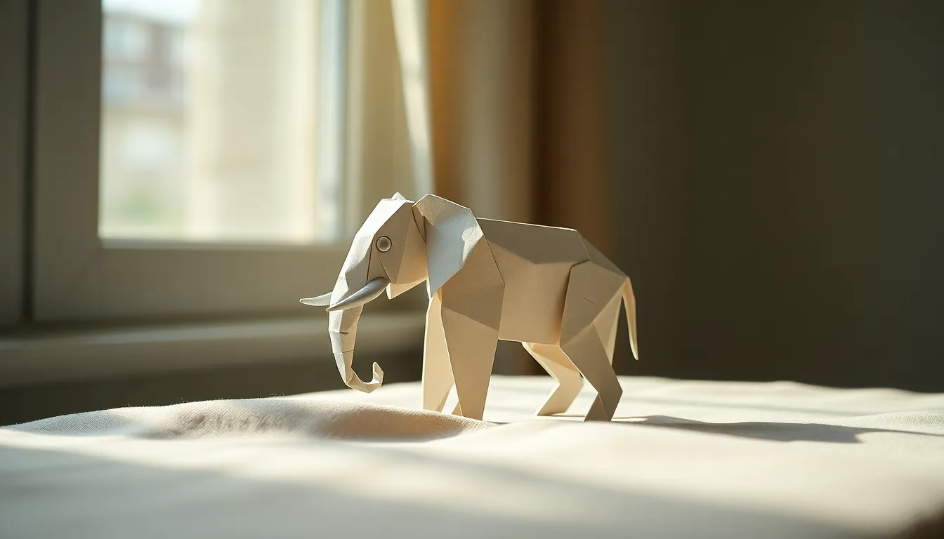 A meticulously crafted origami elephant stands gracefully on a soft pastel fabric, bathed in the gentle glow of diffused daylight. The elephant's unique textures and intricate folds are prominently displayed, creating a delicate yet powerful visual. The color palette is soft and muted, providing a serene backdrop that emphasizes the beauty of sustainable art.