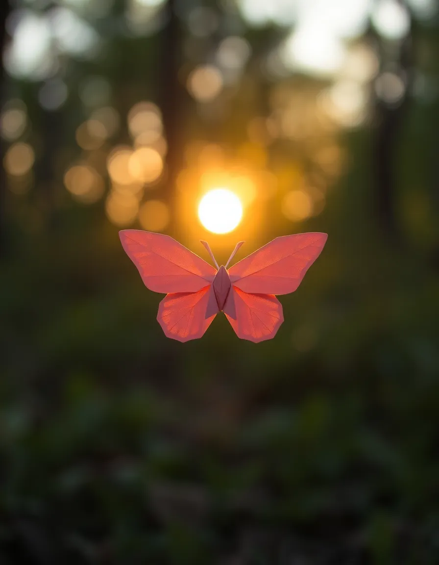 An enchanting origami butterfly takes center stage against a tranquil woodland backdrop, captured during golden hour. The warm rim light highlights the delicate edges of the butterfly, creating a captivating glow. With selective focus, the surrounding foliage melts into a soft bokeh, enhancing the serenity of the scene. The use of muted earth tones evokes a natural feel, inviting viewers to appreciate the intricate artistry of origami in this peaceful setting.
