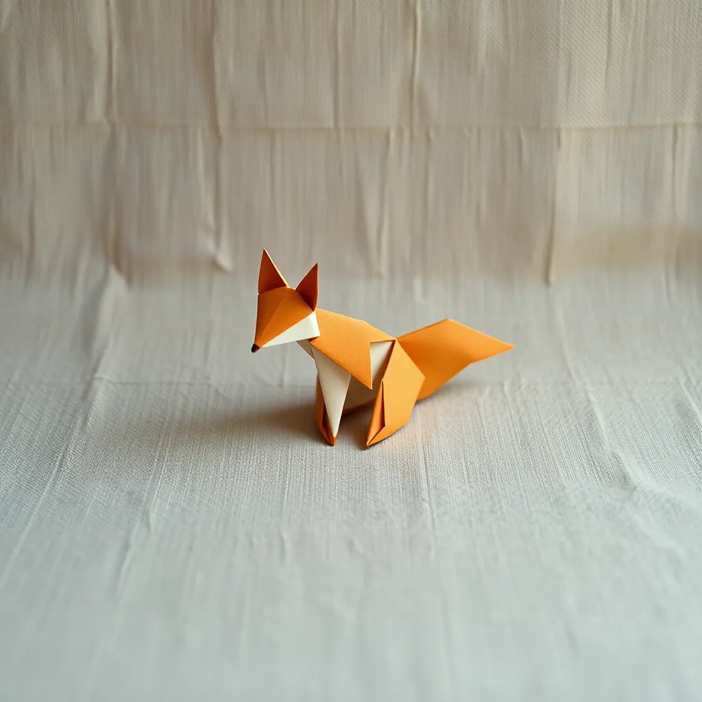 A meticulously folded origami fox sits proudly on a softly textured linen backdrop, illuminated by a carefully arranged studio lighting setup. This image captures the clean lines and angles of the fox, emphasizing its elegant form against the subdued color palette that enhances the natural feel of the paper. The studio lighting creates gentle highlights and shadows, adding depth and character to the piece, making it a perfect representation of origami artistry.