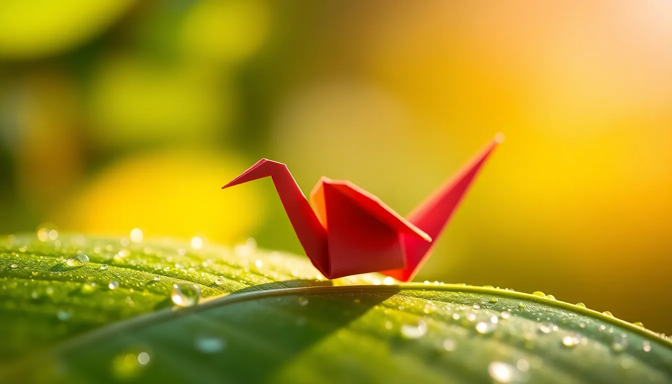 This captivating macro photograph features a vibrant origami crane resting delicately on a dew-covered green leaf. Soft morning light enhances the intricate folds of the crane while creating a stunning bokeh effect in the background. The rich colors and textures invite viewers to appreciate the delicate beauty of this paper art against the natural world, evoking a sense of tranquility and wonder.