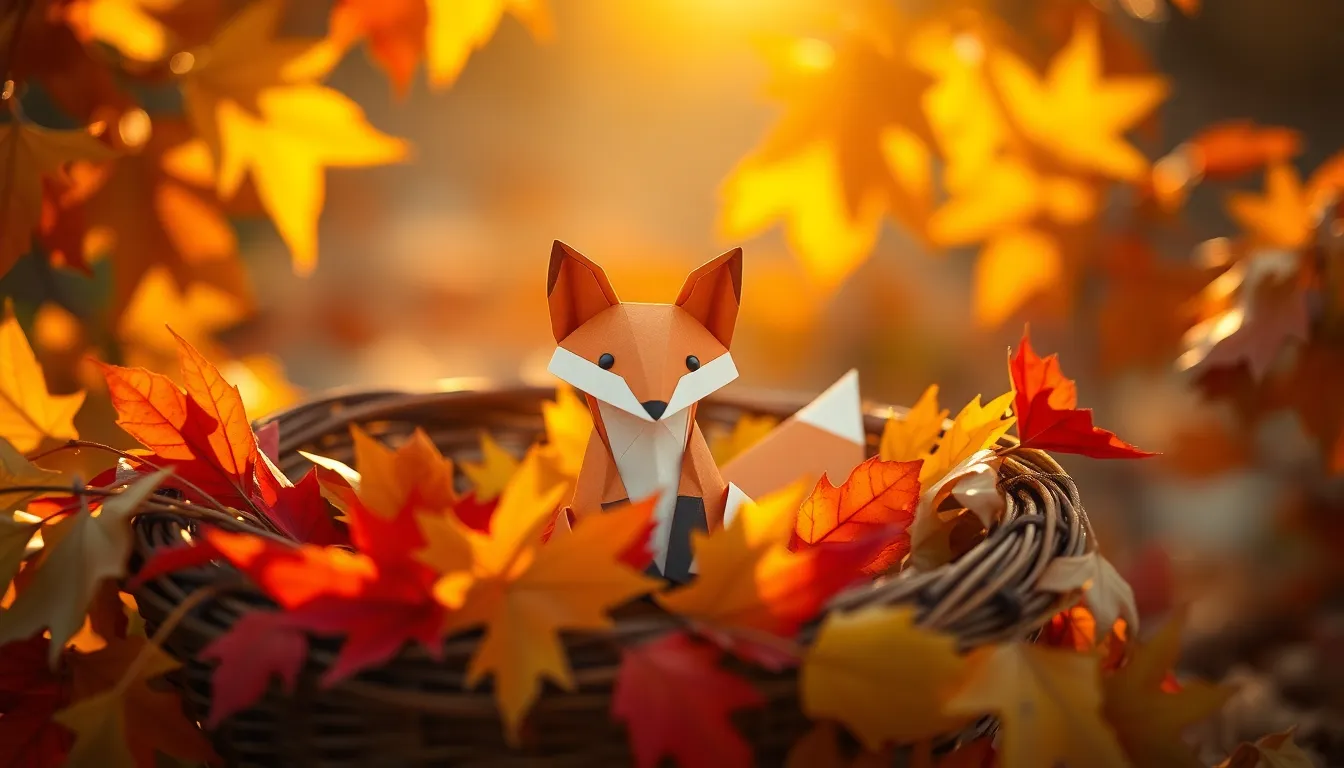 An origami fox delicately nestled in a woven basket surrounded by vibrant autumn leaves creates a visually striking composition. The warm golden hour light lends a soft glow to the fox, highlighting its detailed paper textures. Richly colored leaves in shades of orange and red enhance the cozy ambiance of the scene. With leading lines naturally guiding the viewer’s gaze to the origami, this image captures the essence of fall and artistry.