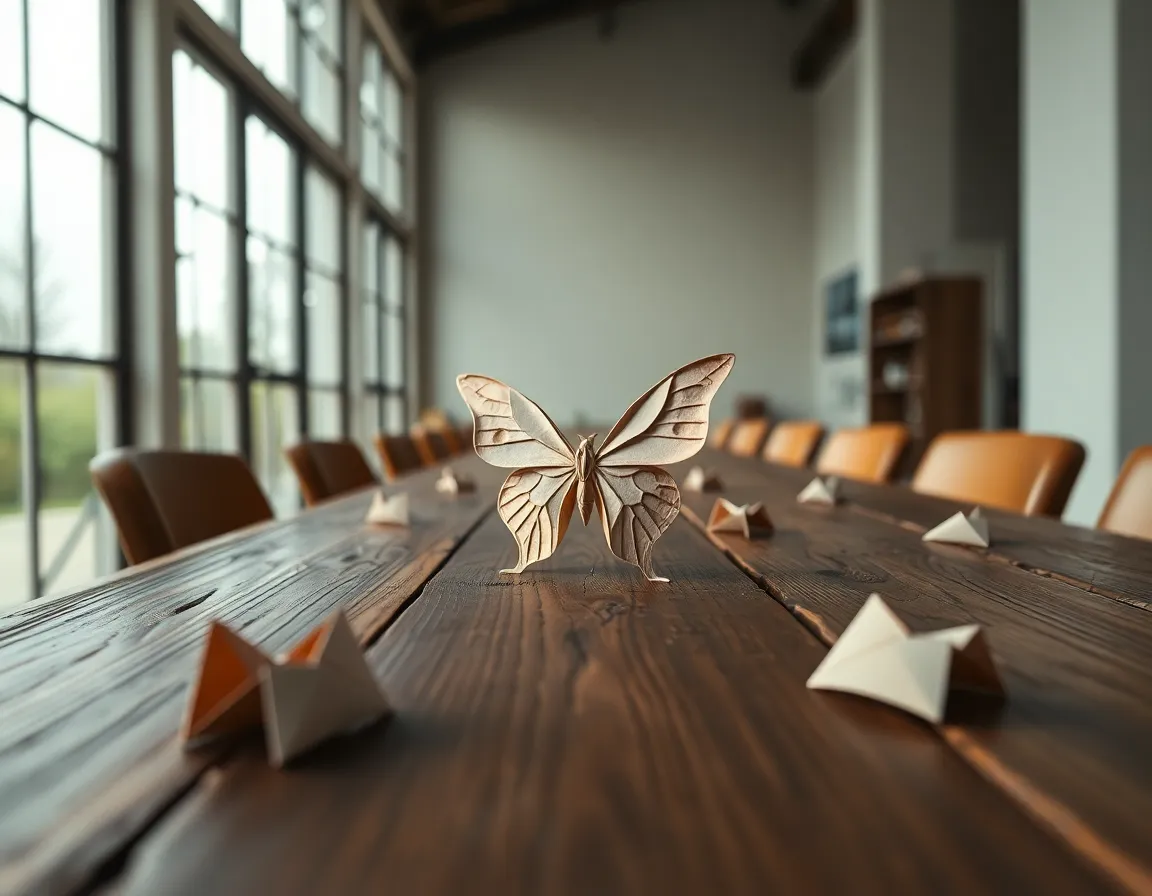 This captivating image presents an elegant origami butterfly resting on a weathered wooden table, surrounded by an array of crafted paper pieces. The soft, diffused daylight enhances the natural textures of the wood and the delicate folds of the butterfly. The composition, guided by leading lines, draws the viewer’s eye toward this aesthetic centerpiece, while the muted earth tones create a calming and inviting atmosphere.