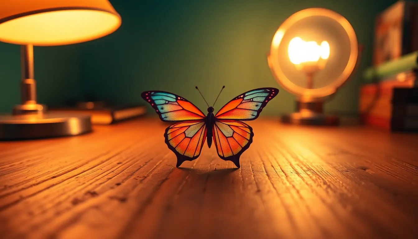 This close-up image captures a vibrant origami butterfly resting on a rich, textured wooden surface. The warm light from a tungsten lamp creates a dramatic contrast, highlighting the intricate patterns of the folded paper. The cinematic color grading in teal and orange enhances the visual impact, while the composition draws the viewer's eye directly to the butterfly. The sharp details of the origami showcase the skill and artistry involved in this delicate craft.
