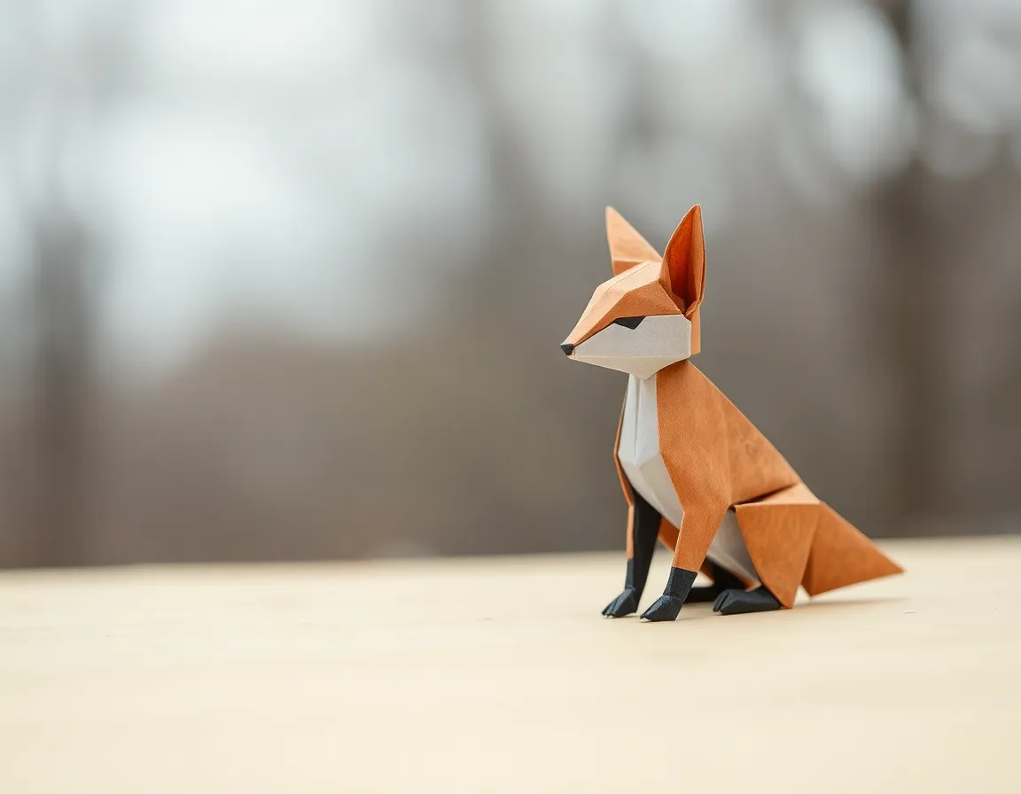 An intricately folded origami fox sits elegantly on a weathered wooden table, cast in even, diffused daylight that enhances the texture of the paper. The shallow depth of field beautifully isolates the subject, emphasizing the fine details of the fox's folds and creases. The muted colors and rustic table surface create a harmonious, earthy backdrop, invoking a sense of tranquility and artistry. This composition captures the essence of creativity woven into nature's simplicity.