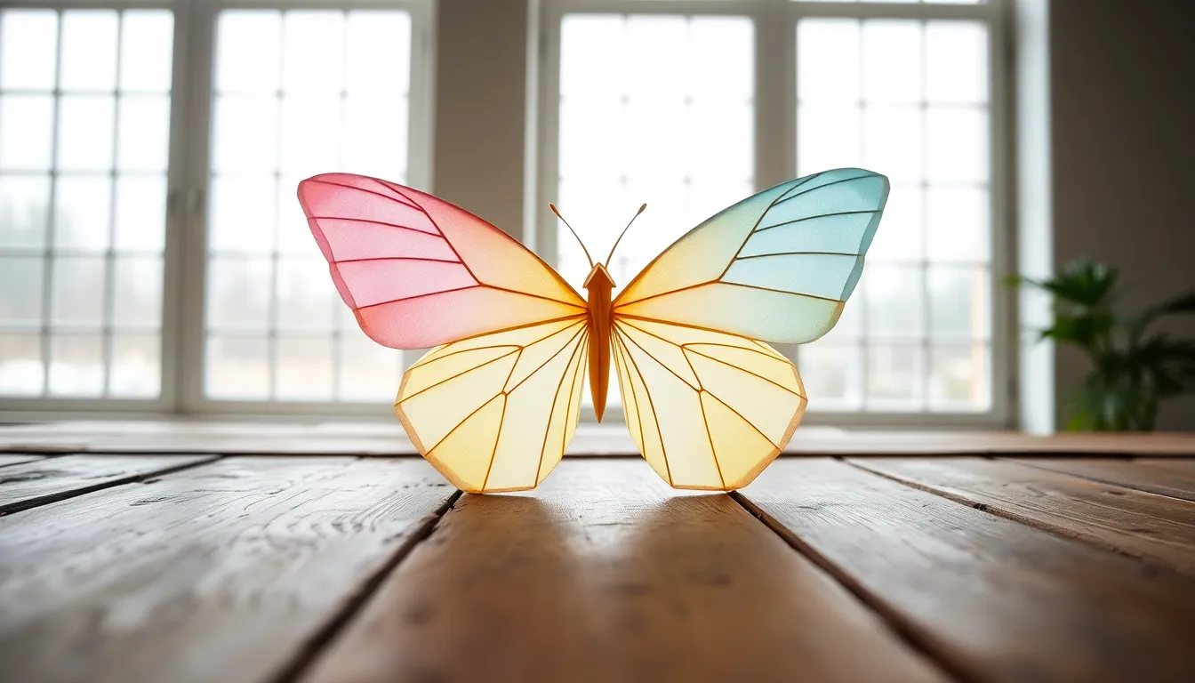 This elegant photograph captures an intricately folded origami butterfly resting on a rustic wooden table. The soft, diffused daylight creates a serene atmosphere while emphasizing the delicate paper texture and pastel colors of the butterfly. The warm wooden surface complements the artwork, adding depth and richness to the composition, inviting viewers into a calming moment of creativity and artistry.