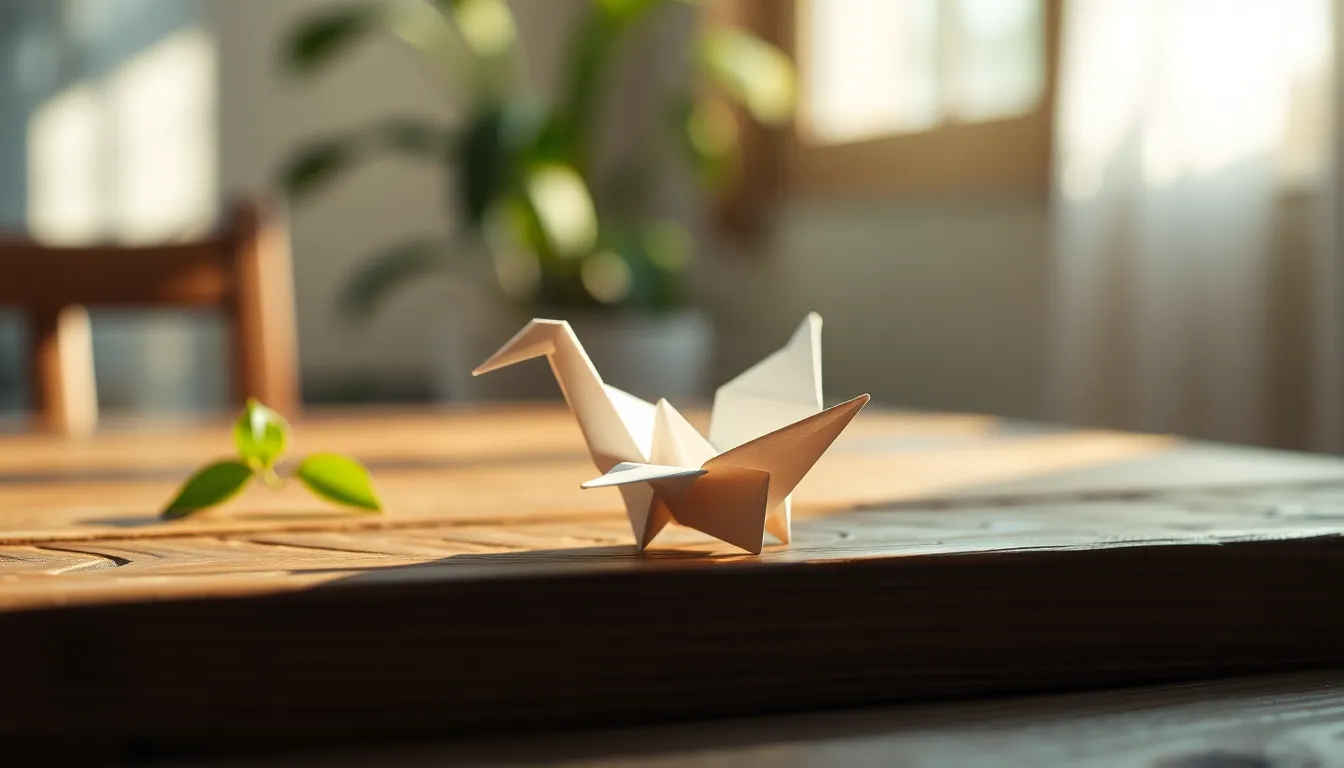 Delicate Origami Crane on Wooden Table