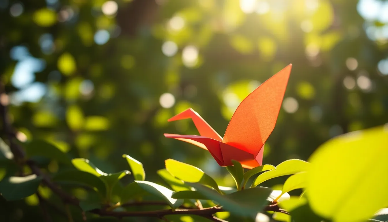 A stunning origami crane rests on soft grass, surrounded by lush green foliage and dappled sunlight filtering through the leaves above. The delicate paper, showcasing intricate folds and vibrant colors, stands out against the warm, inviting background. This composition beautifully captures the harmony of art and nature, evoking feelings of serenity and creativity. The use of shallow depth of field emphasizes the crane's elegance while the natural light plays gently on the scene.