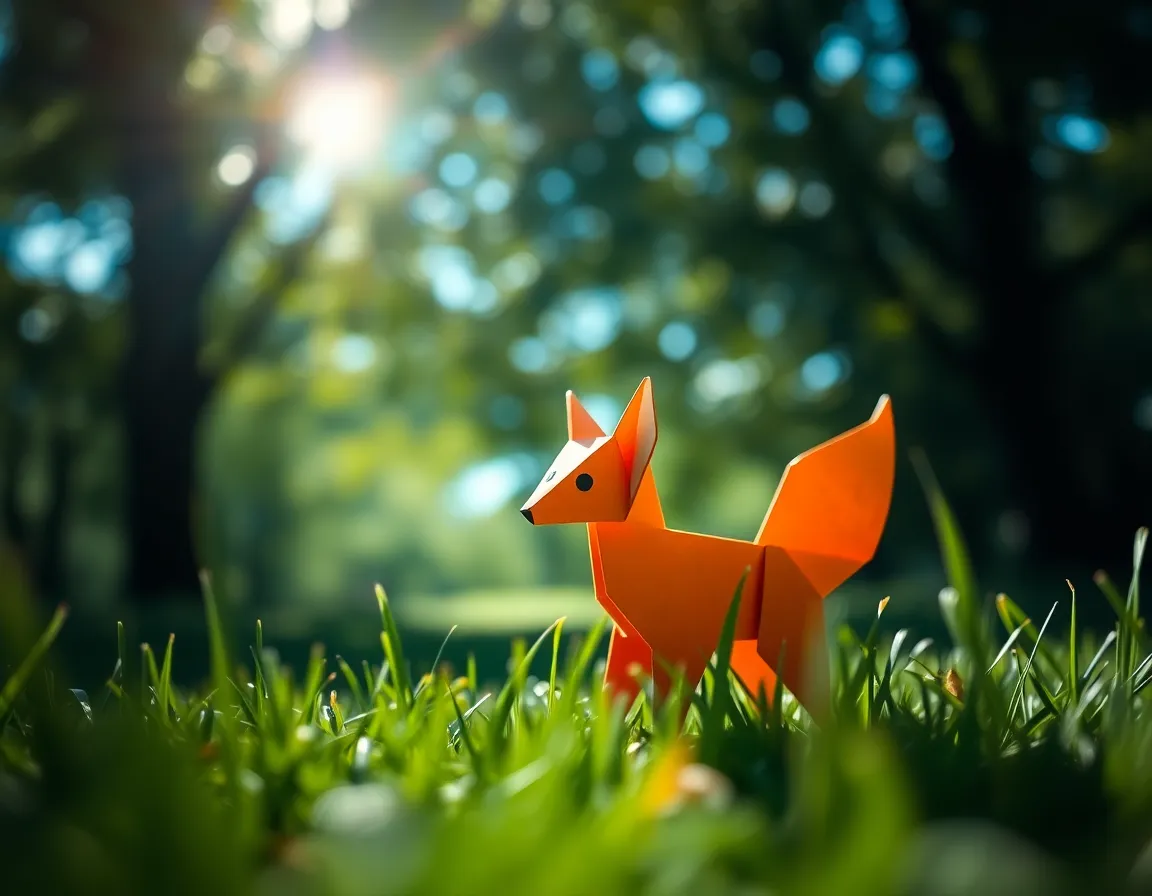 This whimsical image features a delicate origami fox nestled in a patch of grass, illuminated by dappled sunlight filtering through the tree canopy. The cinematic teal and orange color grading adds a playful flair, while the shallow depth of field brings sharp focus to the fox and creates a dreamy bokeh effect in the background. Leading lines formed by the grass draw the eye towards the fox, highlighting the intricate folds of the paper and nature’s beauty.
