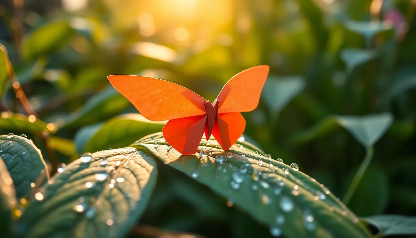 In this stunning close-up, an origami butterfly is delicately placed on a dewy leaf within a vibrant garden setting. Early sunlight enhances the scene, making the droplets glisten and the colors of the paper pop. The macro perspective captures the intricate details of the butterfly, while the surrounding greenery frames the subject beautifully. This image is perfect for nature lovers and those interested in the art of origami.