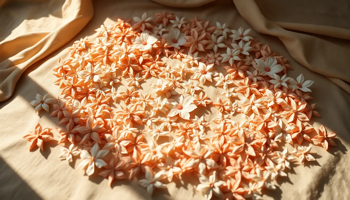This serene image captures a spiral arrangement of beautifully crafted origami flowers resting on soft beige fabric. Lit by natural light, the delicate paper folds are accentuated with soft shadows, offering a peaceful ambiance. The use of muted pastel colors lends a calming effect, while the hyperfocal depth of field ensures every detail is sharp. The circular composition draws the viewer’s eye in, showcasing the artistry of origami.