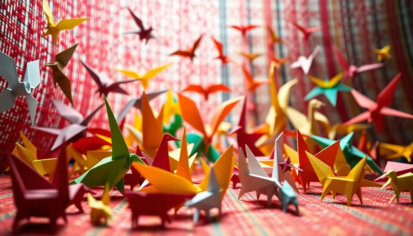 This eye-catching image showcases a dynamic arrangement of colorful origami animals against a vibrant woven fabric backdrop. The soft diffused daylight enhances the colors while highlighting the textures of both the paper and fabric. A shallow depth of field brings focus to the nearest origami pieces, inviting viewers to explore the lively array of shapes. This image is perfect for artistic and creative projects, celebrating the beauty of origami art.