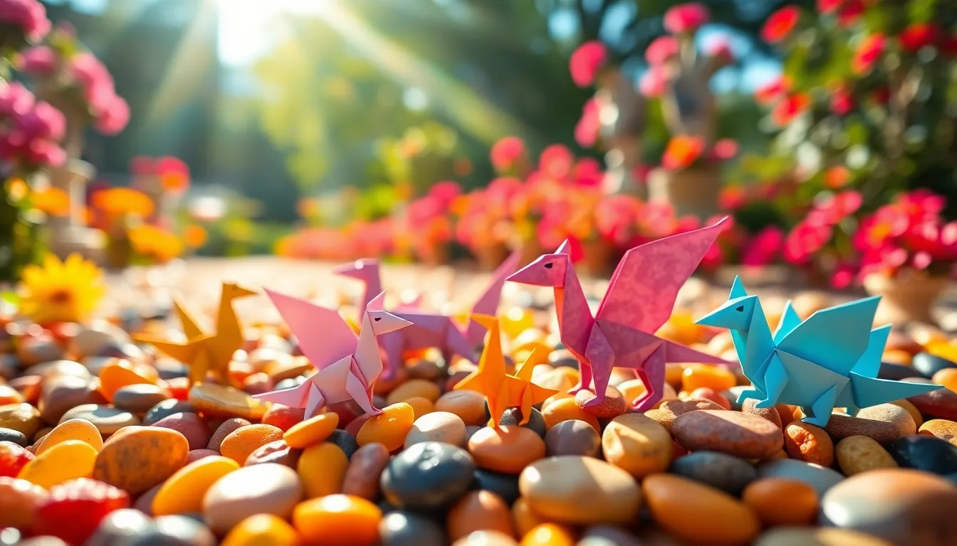 Playful Origami Animals on Colorful Pebbles This lively image showcases a whimsical arrangement of origami animals perched on a bed of colorful pebbles in a sun-drenched garden. Bright sunlight filters through the foliage, creating a delightful play of dappled light across the scene. The saturated colors inspired by Fujifilm Velvia lend a vibrancy that enhances the playfulness of the composition. An overhead perspective presents a unique view, highlighting the intricate details of the origami while the soft bokeh in the background keeps the focus on the joyful arrangement.