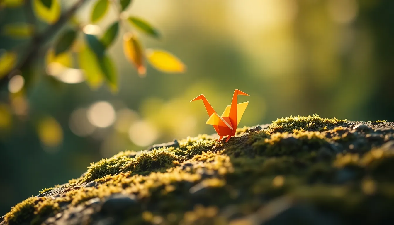 Colorful Origami Crane in Nature This image captures a beautifully detailed origami crane perched on a moss-covered rock in a serene forest setting. Early morning light filters through leaves, creating a soft, tranquil atmosphere. The crane's bright colors contrast against the muted earth tones, emphasizing the craftsmanship of the paper folds. A shallow depth of field adds a dreamy quality, enhancing the delicate textures of both the origami and the natural elements surrounding it.