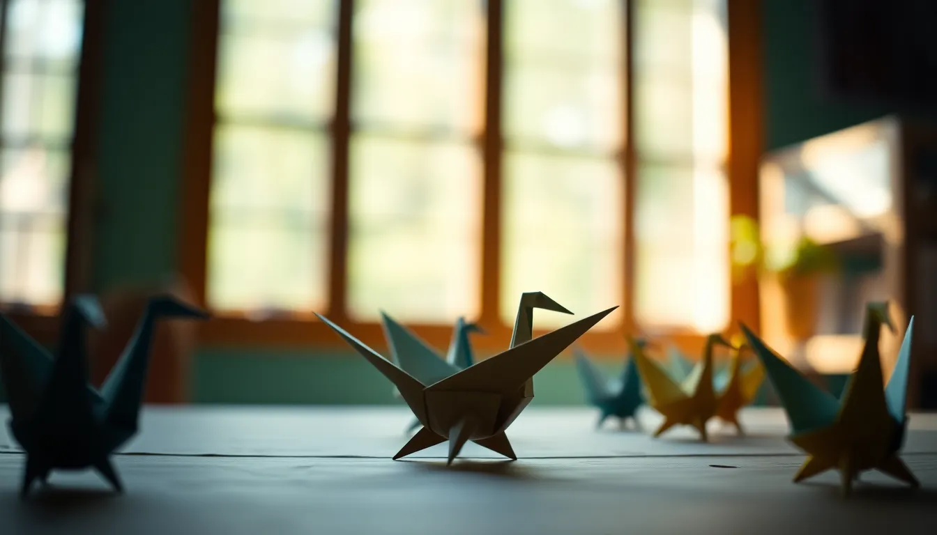 This captivating image features a vibrant origami crane delicately positioned on textured handmade paper. Bathed in diffused daylight, the colors pop with deep blues and rich greens, evoking a sense of joy. The shallow depth of field draws attention to the intricate folds of the crane, while the blurred background creates a serene atmosphere. The visible fibers of the paper add an organic touch, enhancing the beauty of this traditional art form.