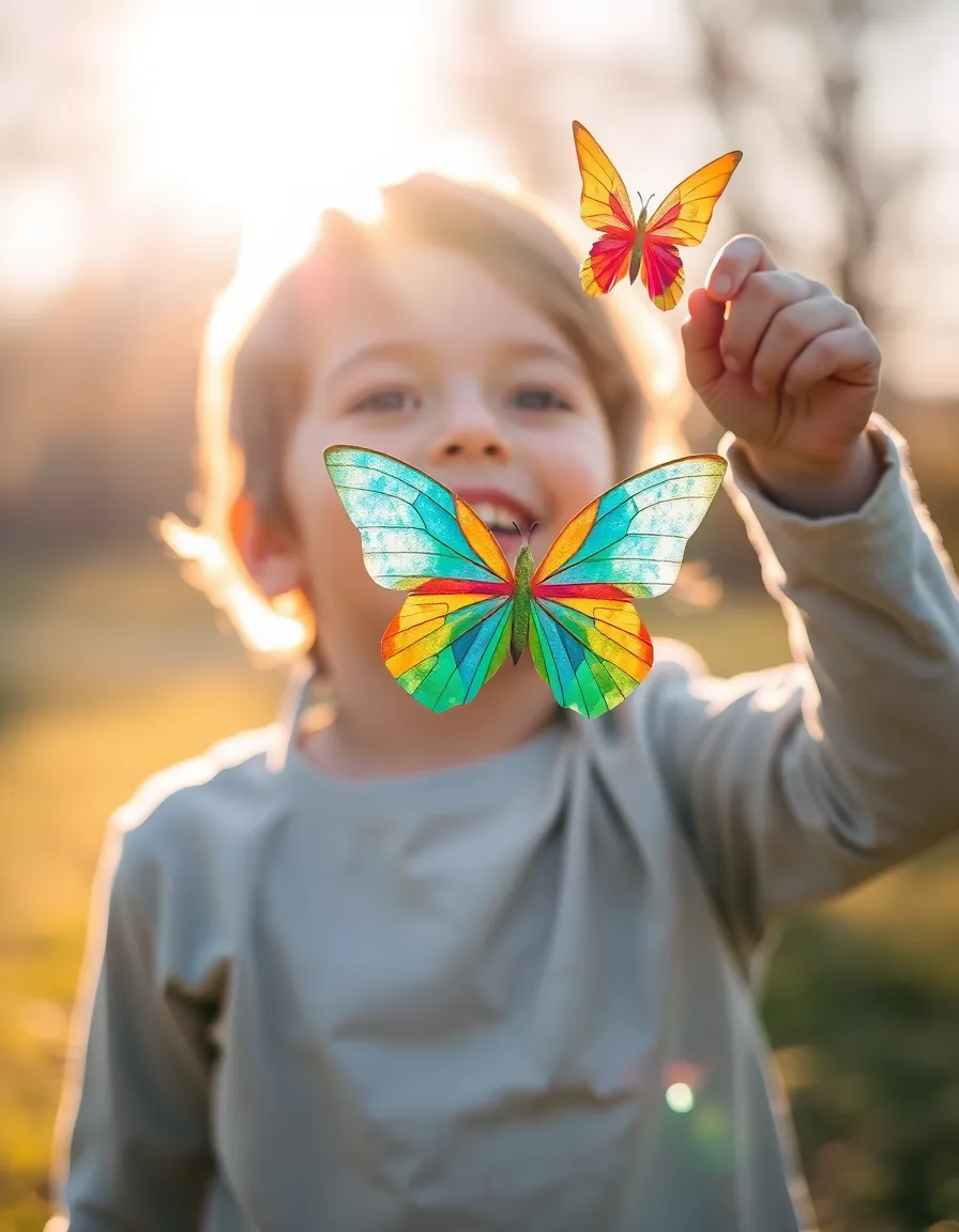 A heartwarming scene of a child joyfully flying a vibrant origami butterfly in a sunlit garden. The late afternoon light bathes the scene in warm tones, enhancing the child's delighted expression and the intricate details of the butterfly. With vivid colors and a shallow depth of field, this image captures the essence of childhood wonder and the beauty of simple pleasures. The lively atmosphere is further emphasized by the motion of the butterfly, soaring against a backdrop of blooming flowers.