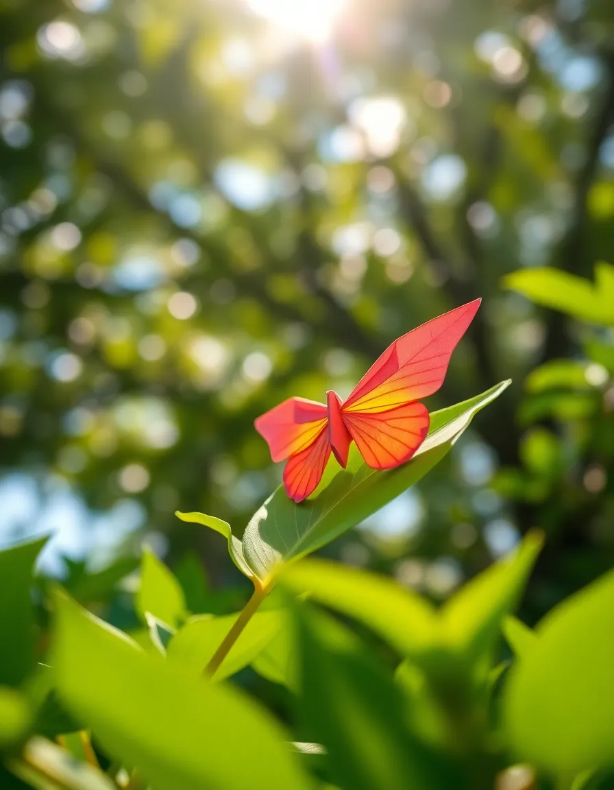 This close-up captures a delicate origami butterfly resting on a bright green leaf, surrounded by dappled sunlight. The soft focus background highlights the intricate detailing of the paper creation, while vibrant colors evoke a lively atmosphere. With natural bokeh effects enhancing the scene, the image radiates an uplifting energy. The diagonal composition leads the viewer’s eye naturally to the butterfly, making it the focal point amidst lush greenery.