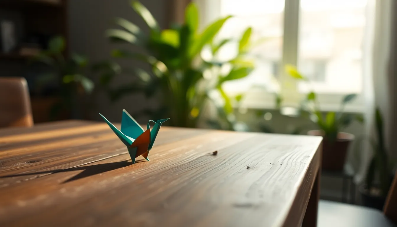 This image features a vibrant origami crane, skillfully crafted and capturing the eye with its colorful paper. The crane is delicately positioned on a rustic wooden surface, where soft morning light plays off its intricate folds. The composition highlights its captivating features, while a blurred backdrop of lush greenery adds depth and tranquility to the scene.