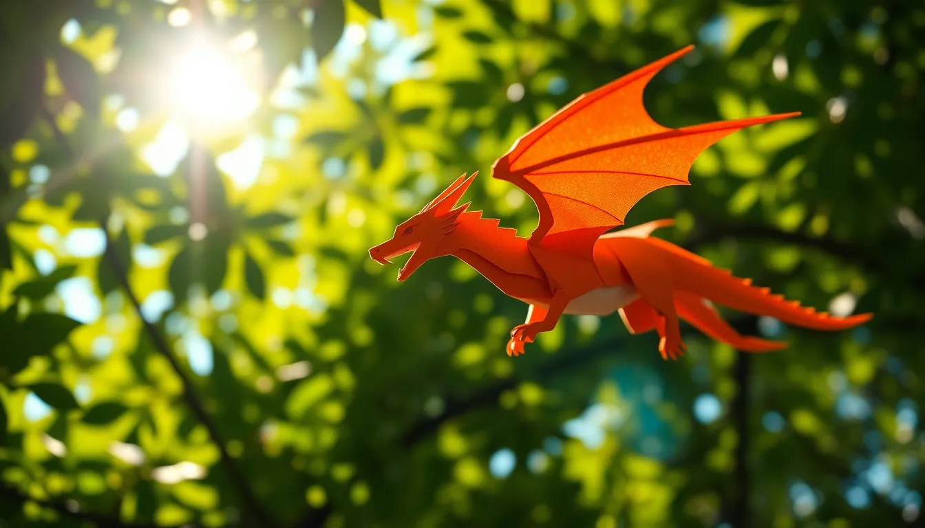 This striking image features an origami dragon gracefully positioned amidst verdant foliage, illuminated by dappled sunlight. The intricate textures of the dragon's paper body shine under the interplay of light and shadow, creating a captivating scene. The background blurs into a soft bokeh, enhancing the dream-like quality. The vibrant greens and subtle golds evoke a magical atmosphere, perfect for showcasing creativity in nature.
