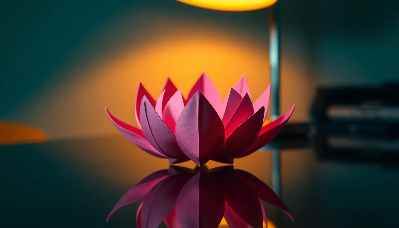 This captivating image highlights a beautifully folded origami lotus flower, elegantly set against a smooth, dark glass surface. Warm tungsten lighting enhances the flower's intricate details, creating depth with soft shadows. The rich pink hues contrast strikingly with the dark background, while a shallow depth of field draws attention to the paper's delicate textures. The centered composition captures the lotus's symmetrical beauty, ideal for artistic showcases of origami.