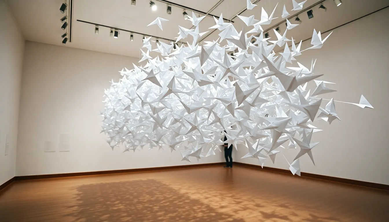 This impressive wide-angle photograph showcases a beautifully intricate origami installation displayed at an art exhibition. The soft ambient lighting bathes the scene in a calming glow, emphasizing the delicate paper folds and muted color palette. The Dutch angle composition adds a sense of dynamism, inviting viewers to explore the complex artistry of the origami. This image captures a moment of inspiration and creativity, perfect for art enthusiasts.