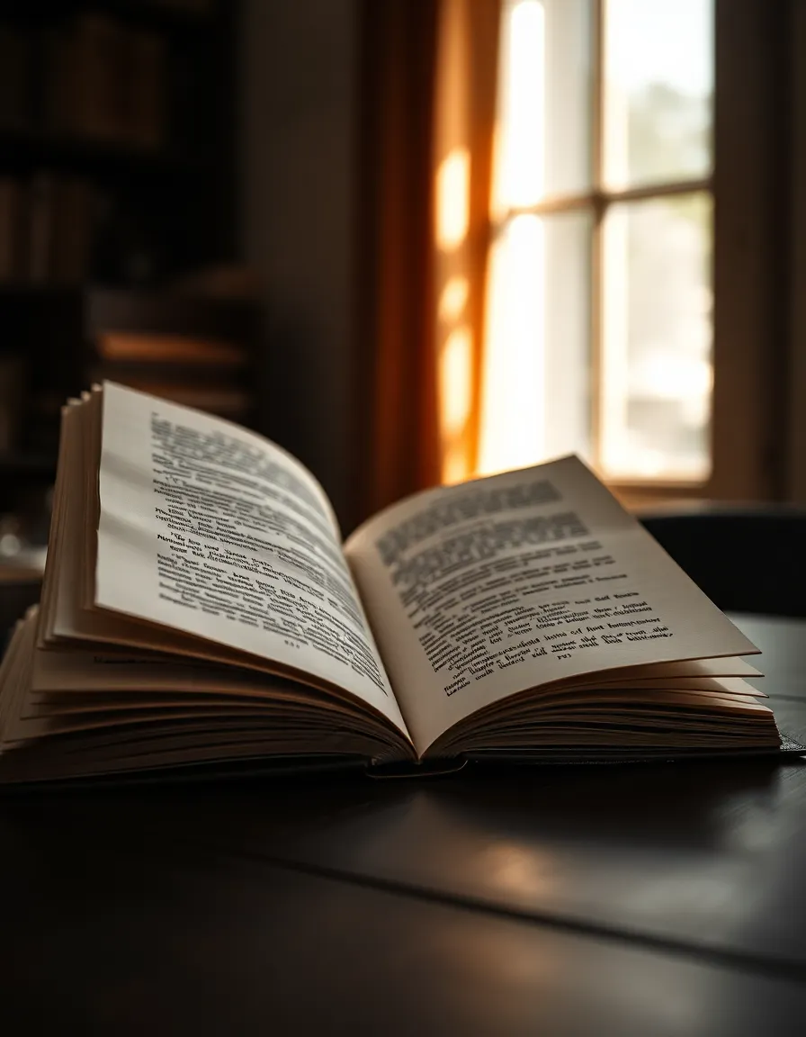 Vintage Book Pages on Dark Wood Surface This image captures the timeless elegance of vintage book pages resting upon a richly textured dark wooden surface. Soft natural light bathes the scene, enhancing the warm sepia tones of the pages. The shallow depth of field draws attention to the intricate details of the paper, while the diagonal composition adds a dynamic quality. This serene setting inspires a sense of nostalgia and appreciation for literature.