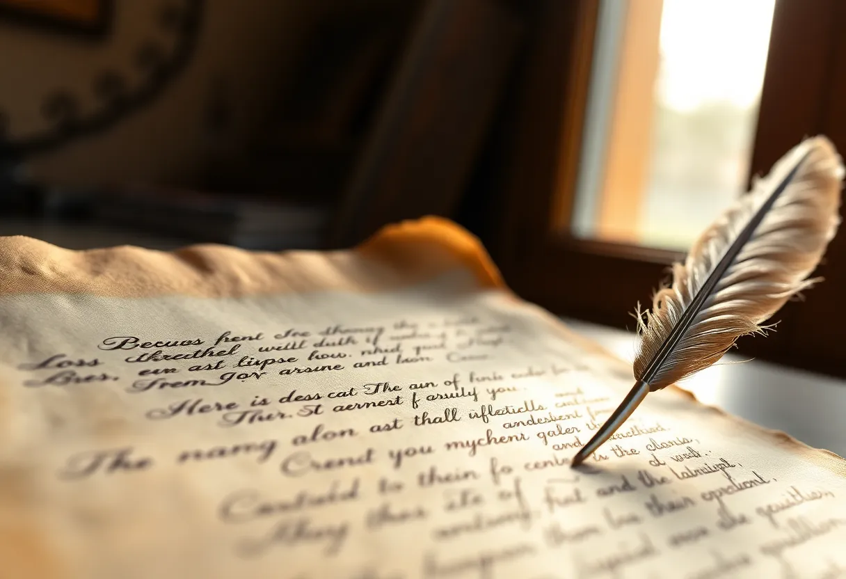 Aged Parchment Paper with Calligraphy This image beautifully captures the allure of an aged parchment paper adorned with elegant calligraphy. Sunlight gently illuminates the textured surface, highlighting the intricate details. The presence of a quill adds a classic touch, evoking feelings of nostalgia and artistry. The warm earth tones enhance the vintage ambiance, inviting viewers to appreciate the craftsmanship involved.