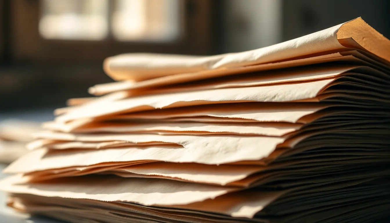 This close-up photograph showcases a beautifully arranged stack of aged parchment paper, highlighting its unique textures and subtle imperfections. Soft natural light enhances the warm, muted earth tones, creating a nostalgic atmosphere. The shallow depth of field adds a dreamy quality, emphasizing the intricacies of the paper. Positioned thoughtfully within the frame, the stack invites viewers to appreciate the fine details and craftsmanship.