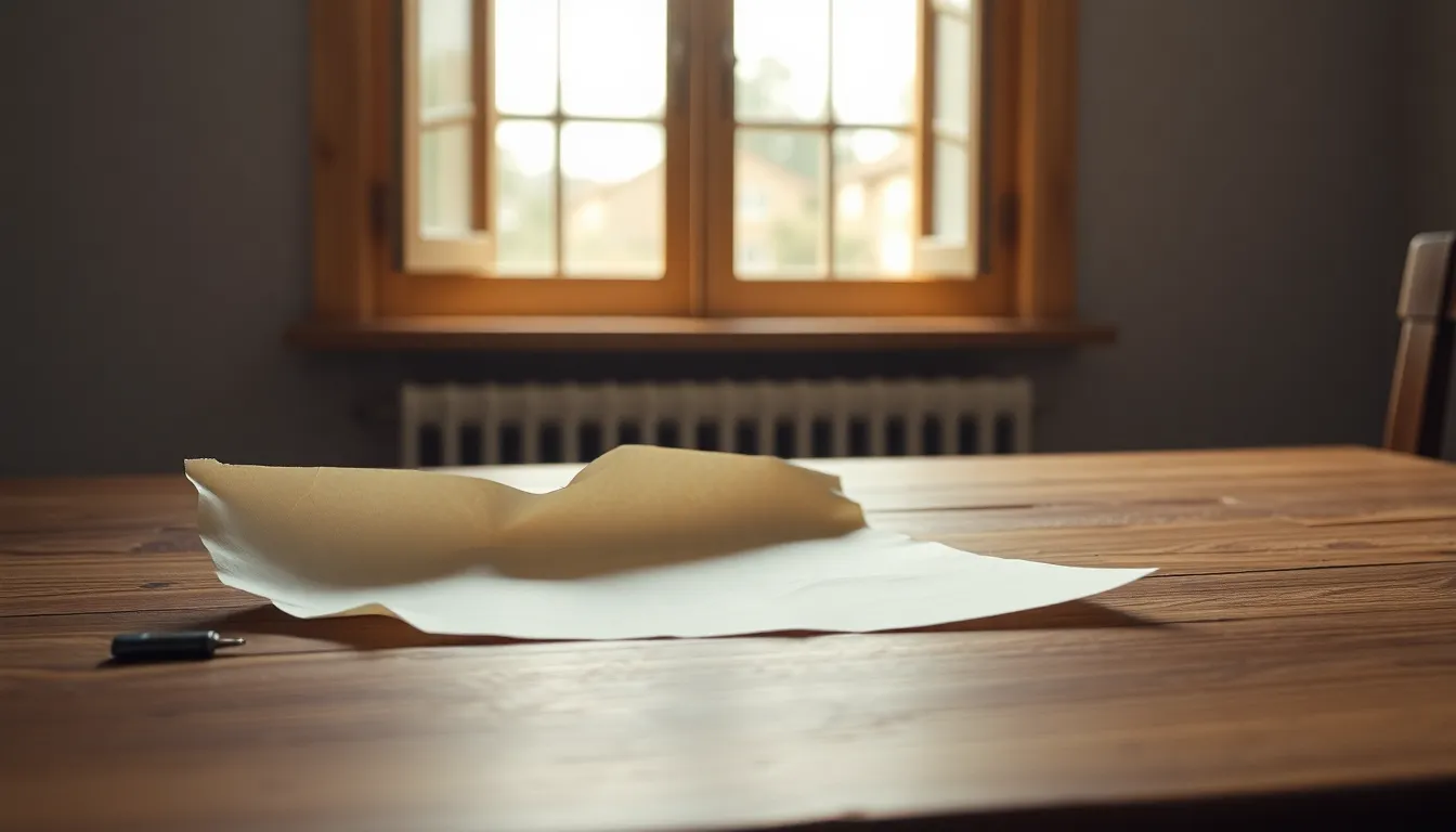 Crumpled Paper on Wooden Table A beautifully textured crumpled piece of paper rests on a weathered oak table, illuminated by soft, diffused daylight filtering through an open window. The natural muted tones create a serene ambiance, highlighting the subtle folds and creases of the paper. The composition adheres to the rule of thirds, drawing the viewer's eye toward the wrinkled surface while the table's grain provides a rich backdrop.