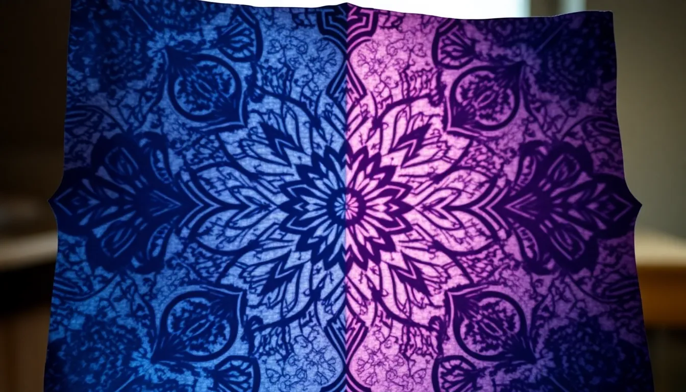 This image features an exquisite close-up of vibrant handmade paper showcasing intricate patterns and textures. The soft, diffused daylight enhances the depth of color, highlighting shades of indigo and lavender. The symmetrical composition captures the paper's fibrous details, evoking a sense of tactile richness and artisanal craftsmanship. Perfect for showcasing textures in design, art, or stationery themes.