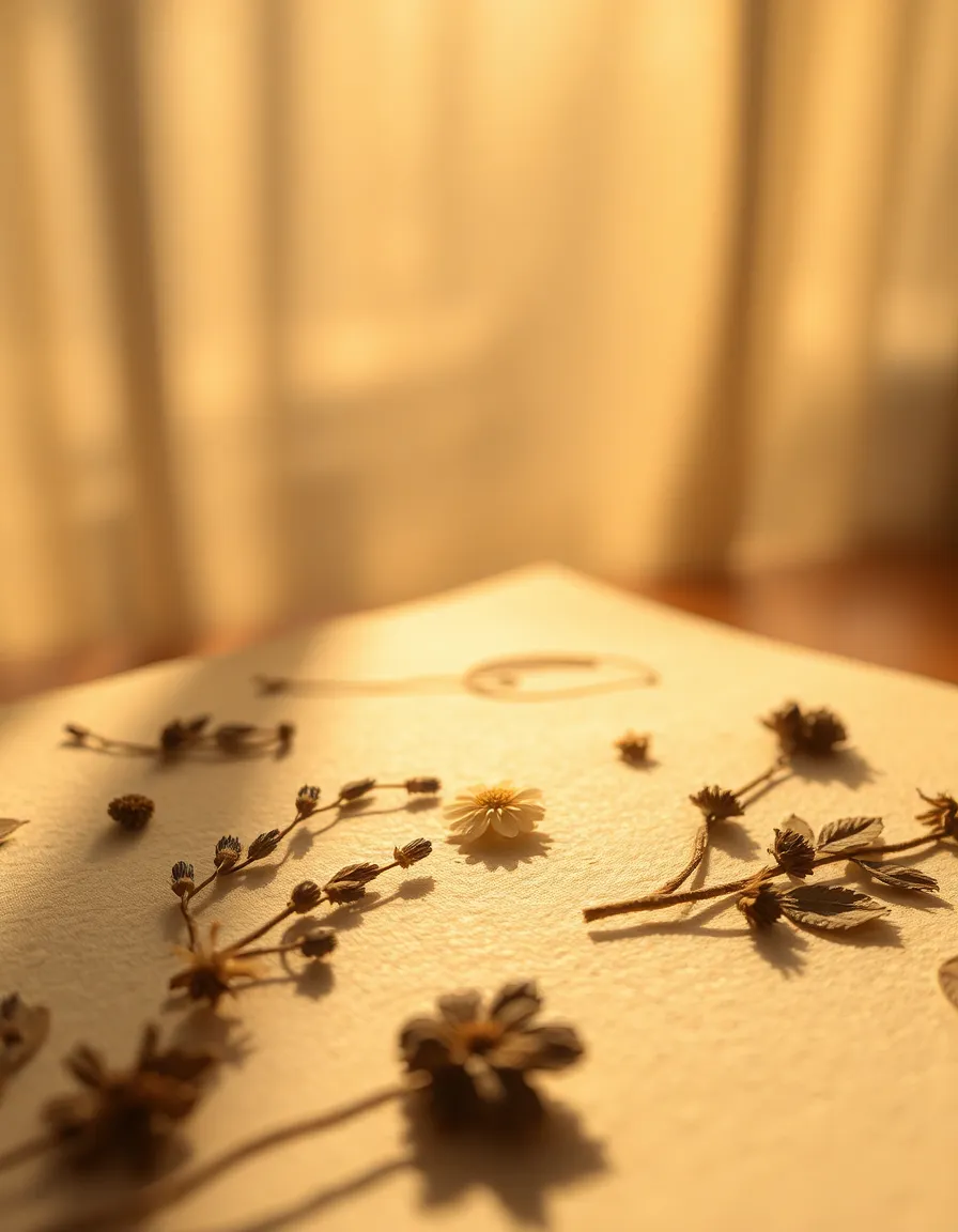 Detailed Close-Up of Handmade Paper An exquisite close-up captures the intricate beauty of handmade paper embedded with delicate dried flowers and leaves. The warm, diffused sunlight enhances the natural textures and colors, creating a serene and inviting ambiance. The soft, earthy tones of the paper and flowers harmonize beautifully, while the shallow depth of field draws attention to the finer details. This close-up framing invites viewers to appreciate the artistry and craftsmanship of the handmade creation.