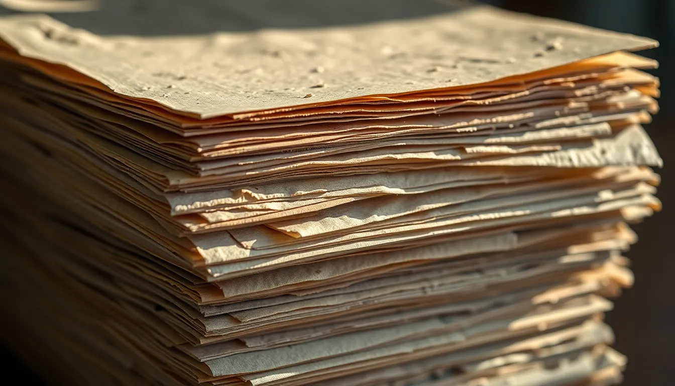 This image presents a striking view of a stack of recycled paper, highlighting its natural fibers and earthy color palette. Captured with dramatic side lighting, the texture is brought to life, showcasing soft browns and greens that evoke an eco-friendly essence. The centered composition creates a harmonious balance while maintaining clarity and sharpness, making it ideal for sustainability and eco-conscious themes.