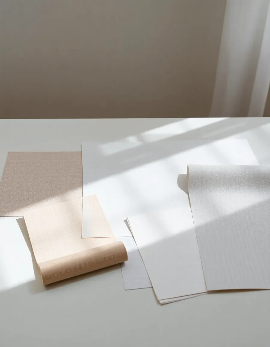 This visually appealing image presents a flat lay of various textured wallpaper samples arranged on a minimalist table. Bathed in soft diffused daylight, each sample is highlighted, showcasing its intricate patterns and colors. The natural, soft neutral palette enhances the serene atmosphere, while the shallow depth of field allows the samples to stand out beautifully. With a centered composition, the image invites viewers to explore the diverse textures and designs within this artistic collection.