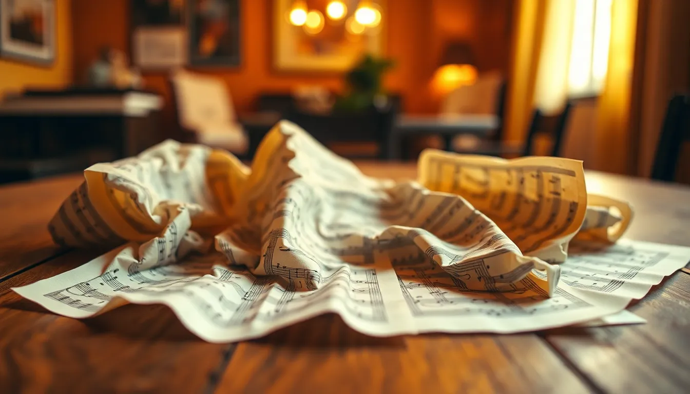 This inviting image captures crumpled sheet music paper spread across a wooden table, illuminated by warm overhead light that creates a cozy ambiance. The shallow depth of field draws focus to the intricate notes and lines on the paper, while the soft yellow and brown tones evoke a vintage feel. The composition follows the rule of thirds, with the paper artfully arranged, inviting viewers to share in a nostalgic moment of creativity and music.