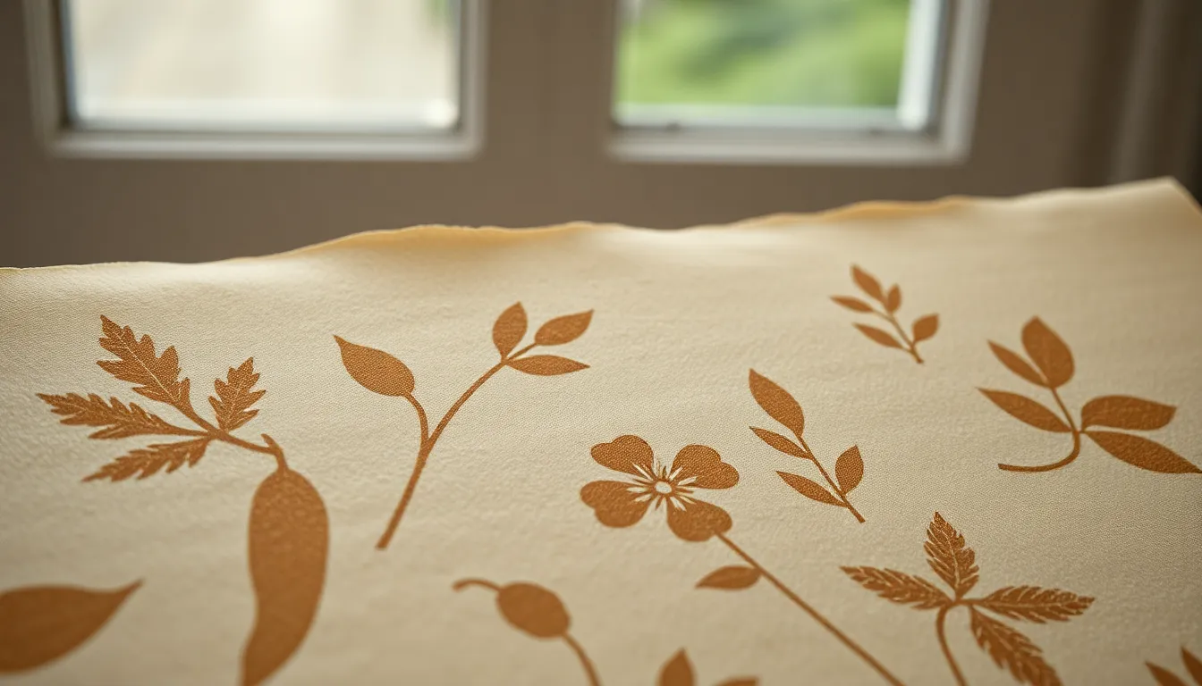 This close-up captures the exquisite detail of handmade paper adorned with botanical imprints. Soft, diffused daylight highlights the unique textures of leaves and flowers, creating an organic aesthetic. The natural beige tones evoke a sense of craftsmanship and artistry, while the detailed composition invites viewers to appreciate the intricacy of the imprints. Ideal for artistic and craft-related projects.