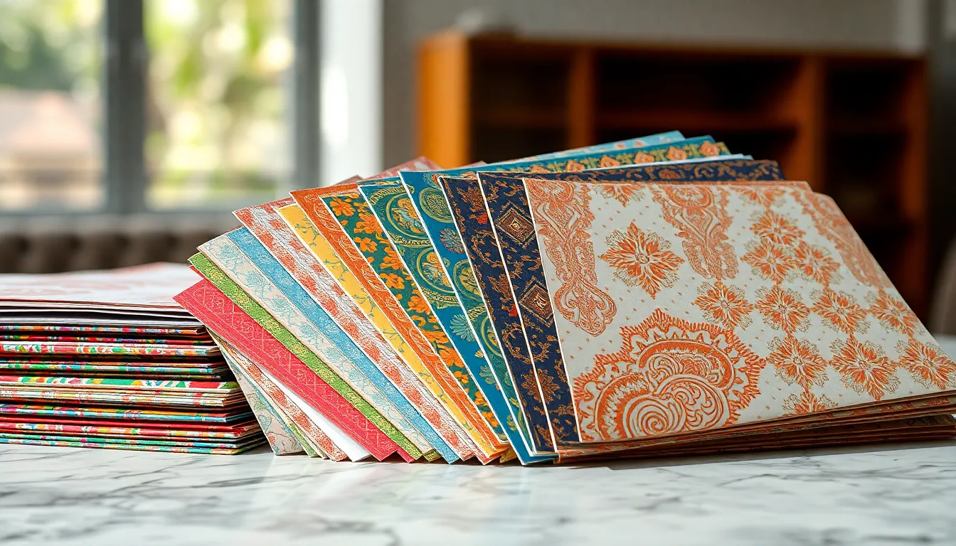 Artistic Arrangement of Patterned Papers This vibrant photograph showcases an artistic arrangement of various patterned papers artfully fanned out on a luxurious marble tabletop. The bright daylight amplifies the vivid colors and intricate designs, creating an energetic mood. Selective focus on the top layers enhances the depth of the image, inviting viewers to explore the textures and patterns. This image is perfect for design projects, creative inspiration, or as a backdrop in the world of art supplies.
