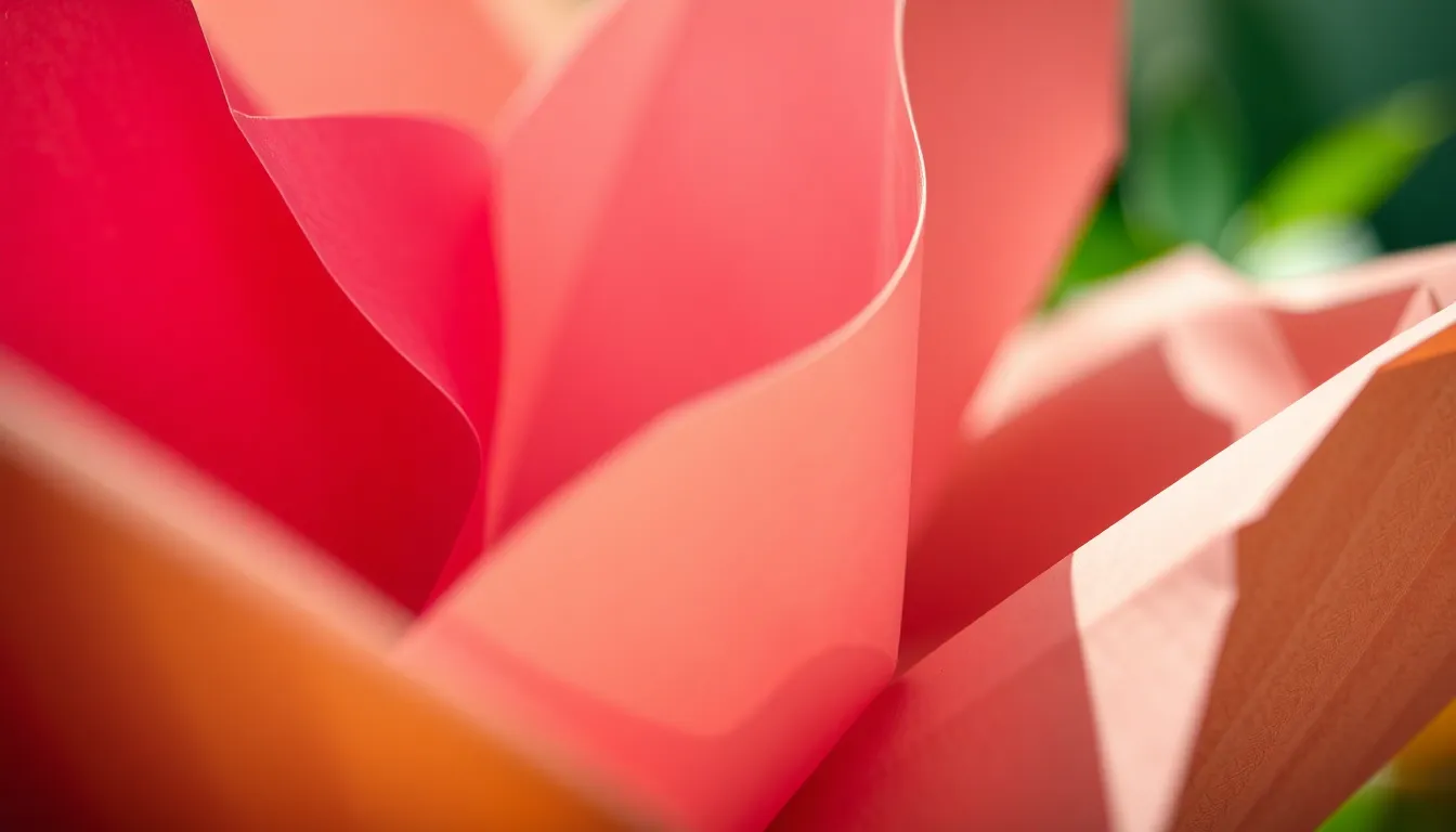 The image presents a mesmerizing close-up view of origami paper showcasing its intricate textures and vibrant colors. Soft diffused natural light enhances the details, casting gentle shadows that highlight the folds and patterns within the paper. The shallow depth of field creates a dreamy, intimate atmosphere, while the lush green background adds a touch of nature's beauty. This composition centers on the artistry of origami and celebrates the delicate craftsmanship involved, perfect for art and design enthusiasts.