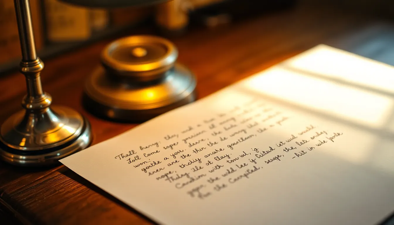 Handwritten Letter on Antique Desk A close-up shot captures the intricate texture of a handwritten letter resting on an antique wooden desk, illuminated by the warm glow of a tungsten desk lamp. The shallow depth of field draws attention to the delicate ink strokes and fine paper fibers, creating an intimate atmosphere. Warm highlights enhance the natural tones, while the composition follows the rule of thirds for visual interest.