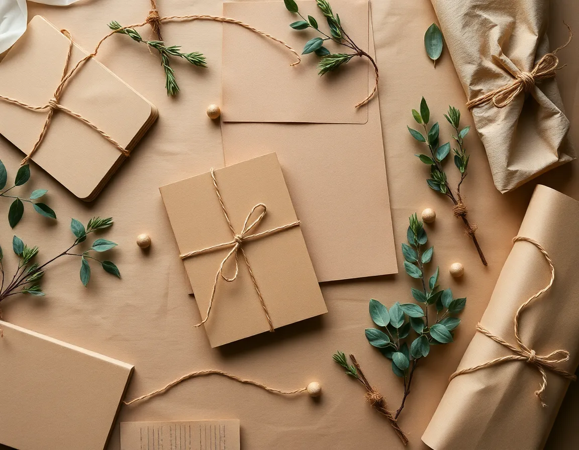 Recycled Paper Products Styled with Natural Elements This flat lay photograph showcases a beautiful arrangement of recycled paper products, including notebooks and wrapping paper, styled with twine and natural elements. Soft, even lighting creates a gentle atmosphere that highlights the earthy tones and textures of the paper. The hyperfocal depth of field ensures all elements are crisp and vibrant, while the organized composition follows the rule of thirds for visual balance. This image is perfect for promoting sustainability and eco-friendly design.