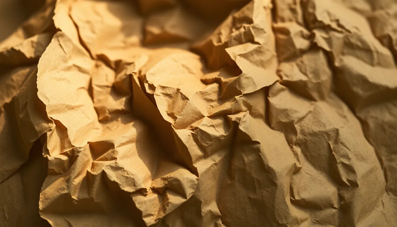 This macro image captures the fascinating textures of crumpled, aged paper, showcasing intricate wrinkles and fine details. Soft diffused daylight highlights its natural muted tones, creating a vintage aesthetic. The selective focus emphasizes the paper's surface, while the blurred background enhances the overall depth. Ideal for design and artistic purposes.