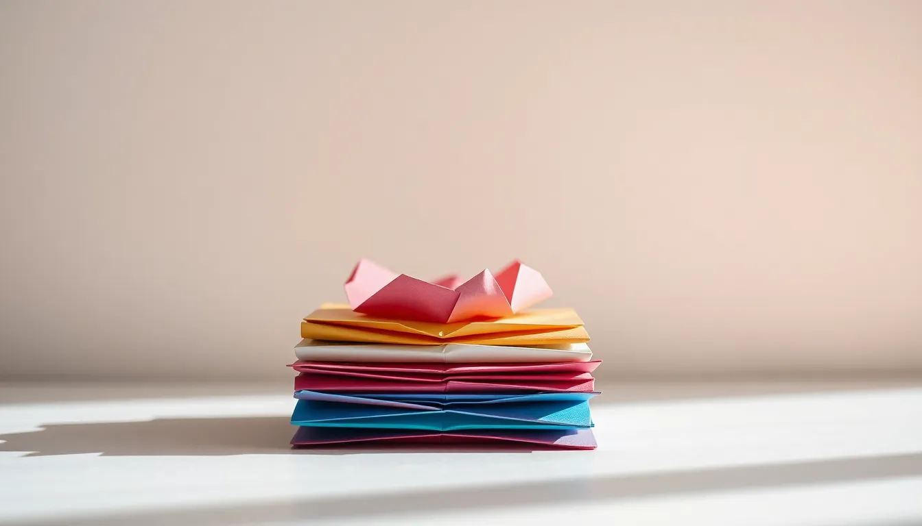 Vibrant Origami Paper Stack This lively image showcases a stack of colorful origami paper, each sheet reflecting light beautifully. Shot in soft daylight, the bright colors create an uplifting atmosphere. The texture of the paper is emphasized, highlighting the smoothness and precision of the origami edges. The composition effectively leads the viewer’s eye through the vibrant array, making it a perfect representation of creativity and craftsmanship.