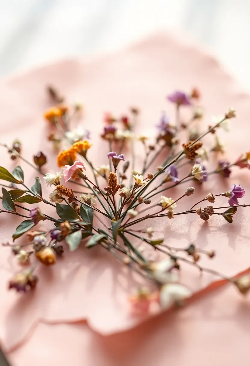 Handmade Paper with Dried Botanicals This close-up photo beautifully captures handmade paper adorned with delicate dried flowers and leaves. Soft, diffused daylight creates a warm and inviting atmosphere, highlighting the intricate details of the paper's texture along with the natural elements. The soft pastel and earthy color palette enhances the organic feel of the image. This visually rich composition is perfect for eco-friendly design projects, invitations, or stationery.