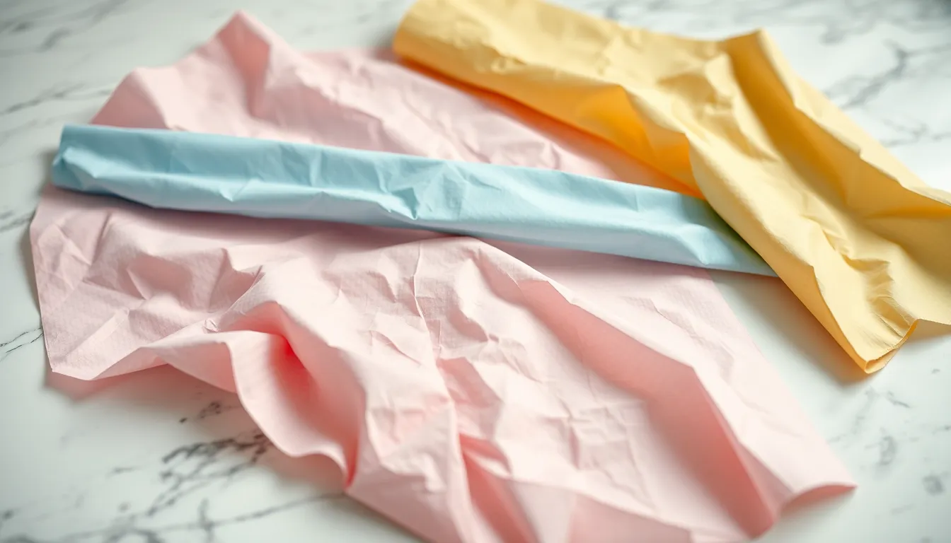 This vibrant flat lay photograph features an array of textured wrapping papers showcased on a sleek marble countertop. The bright and even lighting beautifully highlights the unique patterns and subtle wrinkles of each paper. Capturing a mix of pastel colors, the composition exudes a cheerful and playful vibe. The dynamic arrangement encourages exploration of each texture, making it an inviting visual experience.