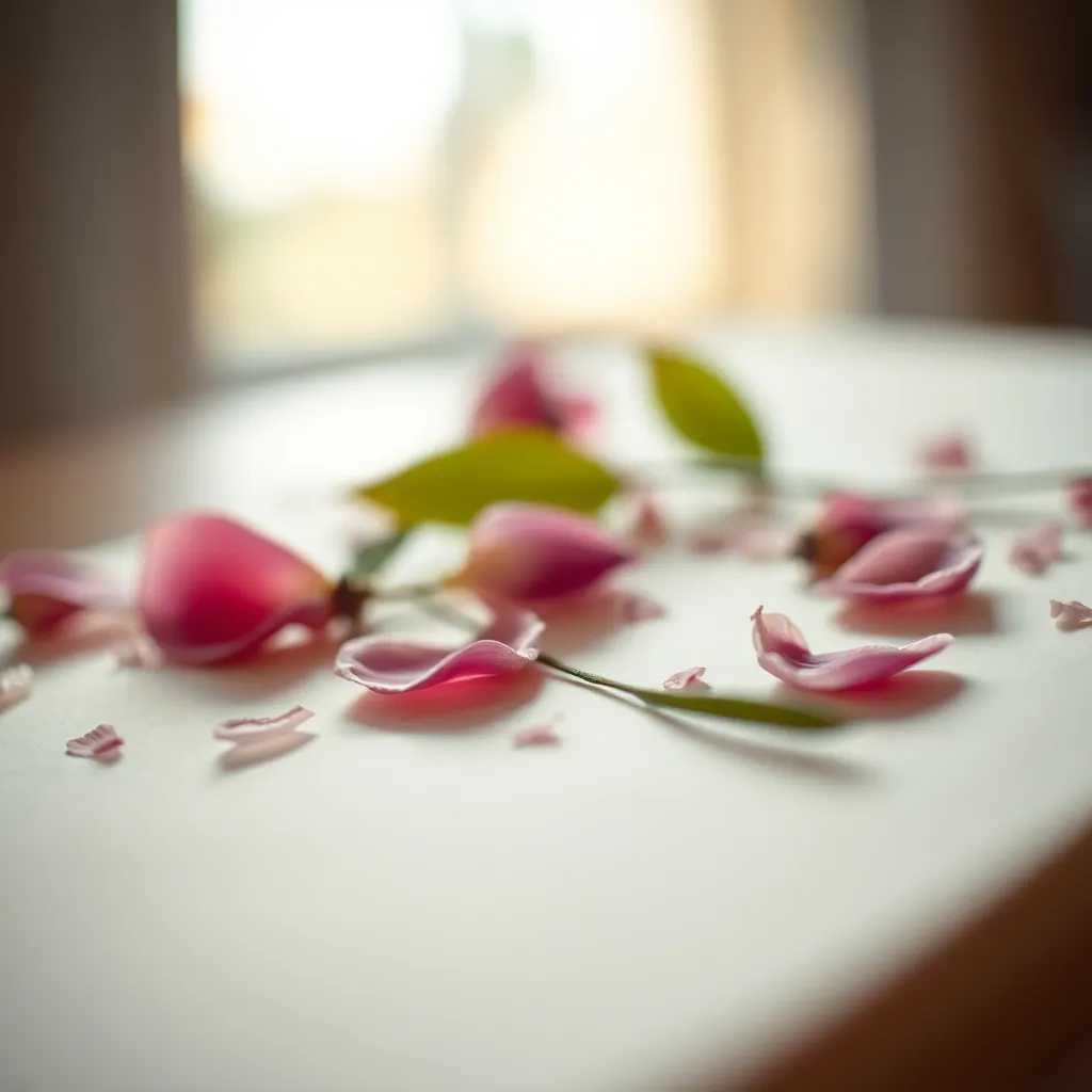 In this ethereal close-up, delicate handmade paper embedded with colorful flower petals and leaves is prominently featured. The soft, natural light accentuates the organic textures and creates a gentle glow, providing an enchanting atmosphere. The pastel color palette enhances the serene feeling, while the shallow depth of field blurs the background into a dreamy bokeh. The careful composition immerses viewers in the intricate details of the paper, highlighting its artistic beauty.