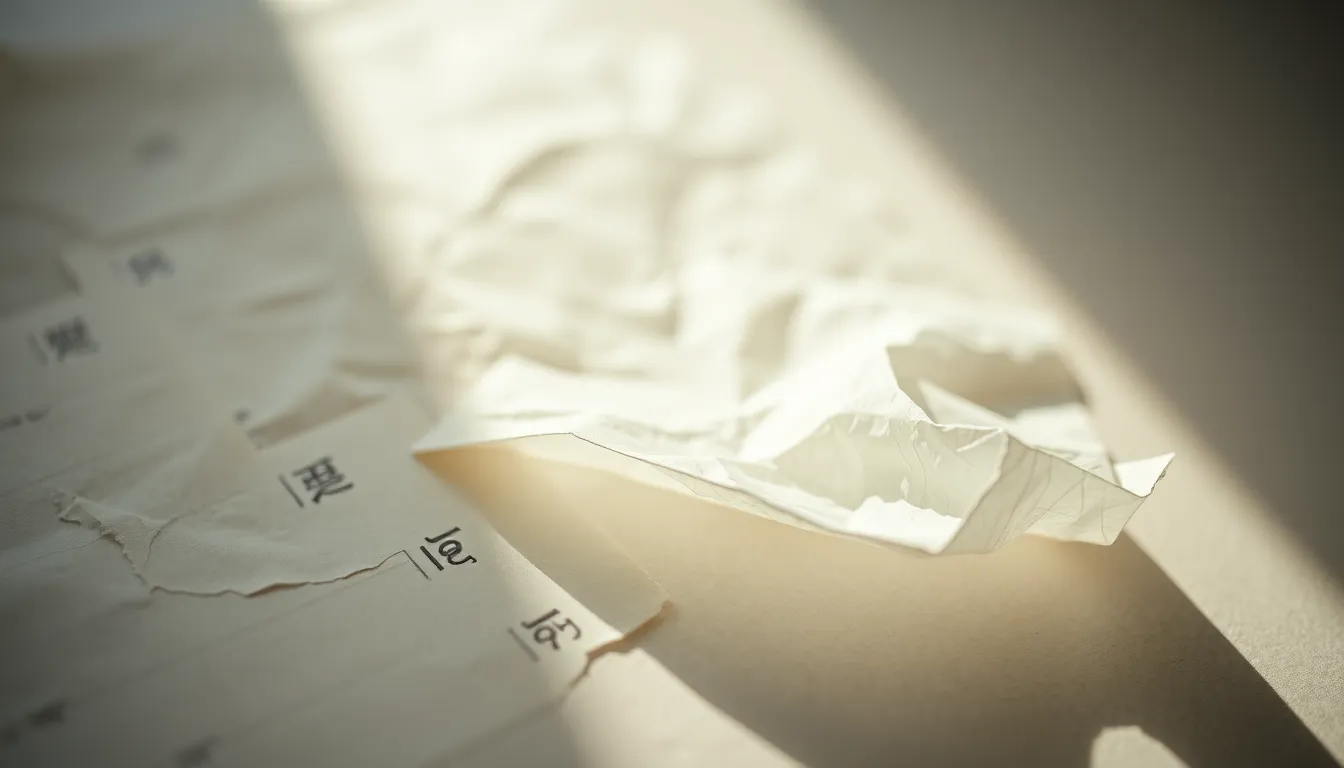 A macro shot captures the essence of history through a crumpled manuscript paper displaying faded text and delicate ink stains. The soft, diffused daylight from an overcast sky bathes the scene in even illumination, highlighting the paper's rich texture. With a shallow depth of field, the image invites viewers to appreciate the delicate details while evoking feelings of nostalgia and timelessness.