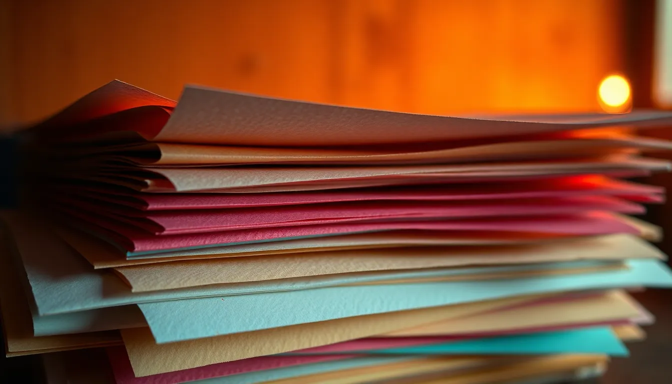 An artistic composition of textured art paper, illuminated by warm tungsten lighting that casts soft shadows and creates a cozy atmosphere. The selective focus highlights the intricate patterns and colors of the top sheet, while the background melts away in creamy bokeh. The Dutch angle adds a dynamic element to the arrangement, celebrating the vibrant textures and tones of each paper.