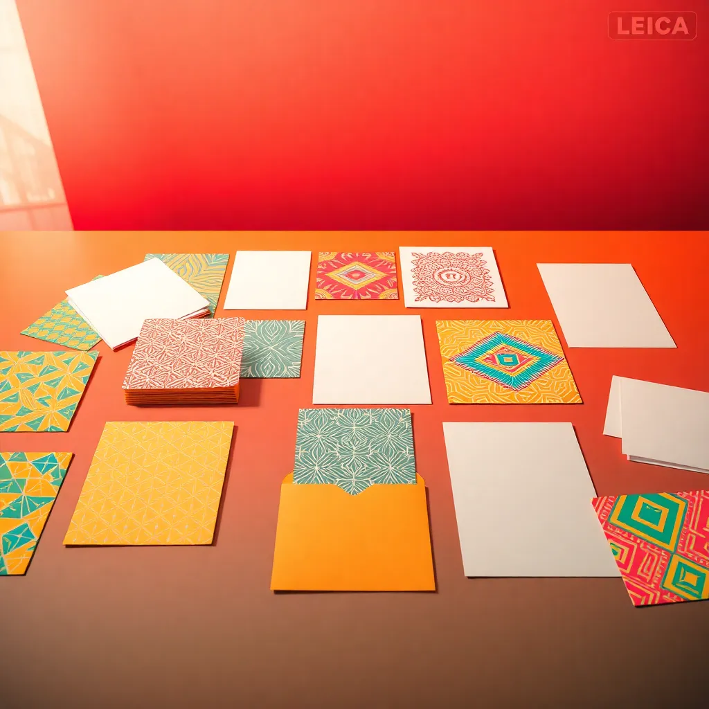 A visually striking flat lay of assorted stationery papers displaying vibrant geometric patterns arranged artfully on a bright table. Bright artificial light highlights the rich colors of the papers, creating an engaging visual contrast. With a shallow depth of field that blurs the background, the focus remains on the intricate patterns, resulting in a dynamic composition that sparks creativity and inspiration for designers and artists.