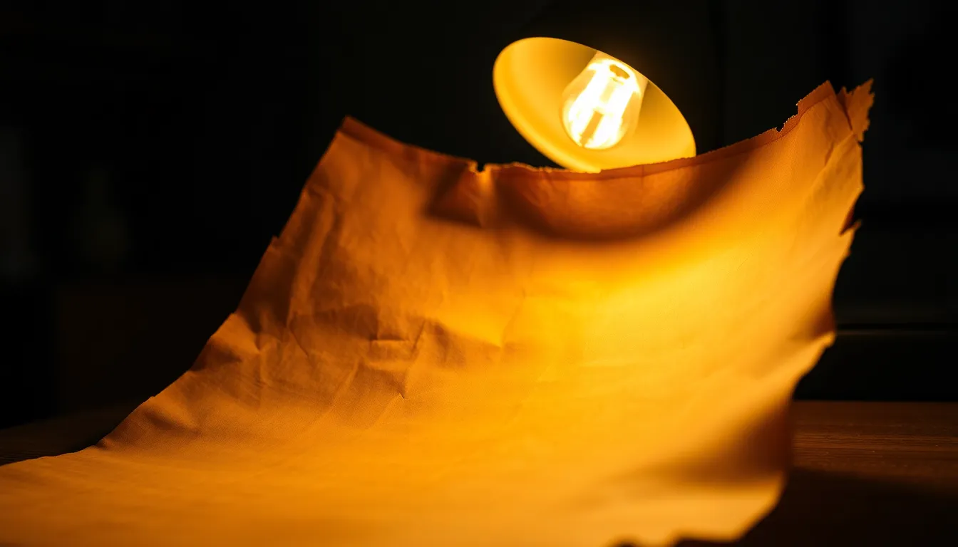 This close-up captures the intricate details of aged parchment paper, featuring soft, crinkled textures and distressed edges. The warm tungsten lighting casts gentle shadows, enhancing the rich golden tones and giving the image a nostalgic atmosphere. The leading lines created by the organic curves of the paper add depth, making it ideal for historical or literary contexts.